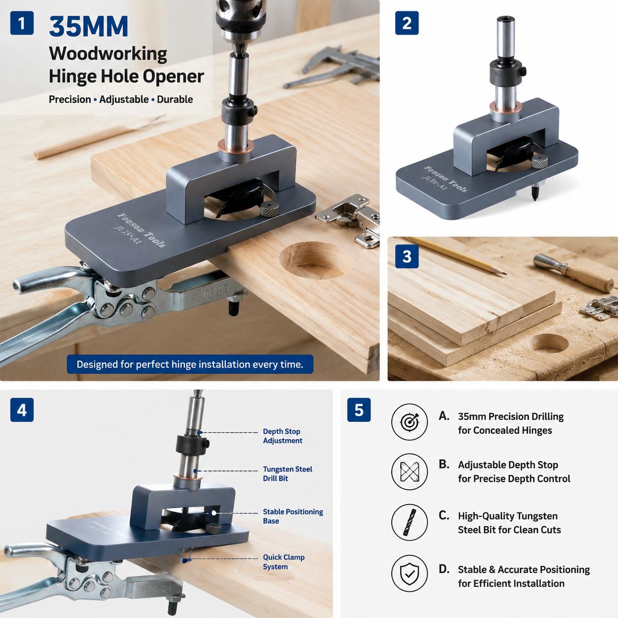 Home Improvement Guide - 深さ調整可能な木工用ドリルガイド タングステン鋼ルータージグ スロッティング用 インビジブルヒンジ DIY家具ツール 精密穴あけジグ